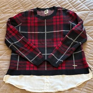 Anne Klein Black and Red Plaid Crewneck Sweater